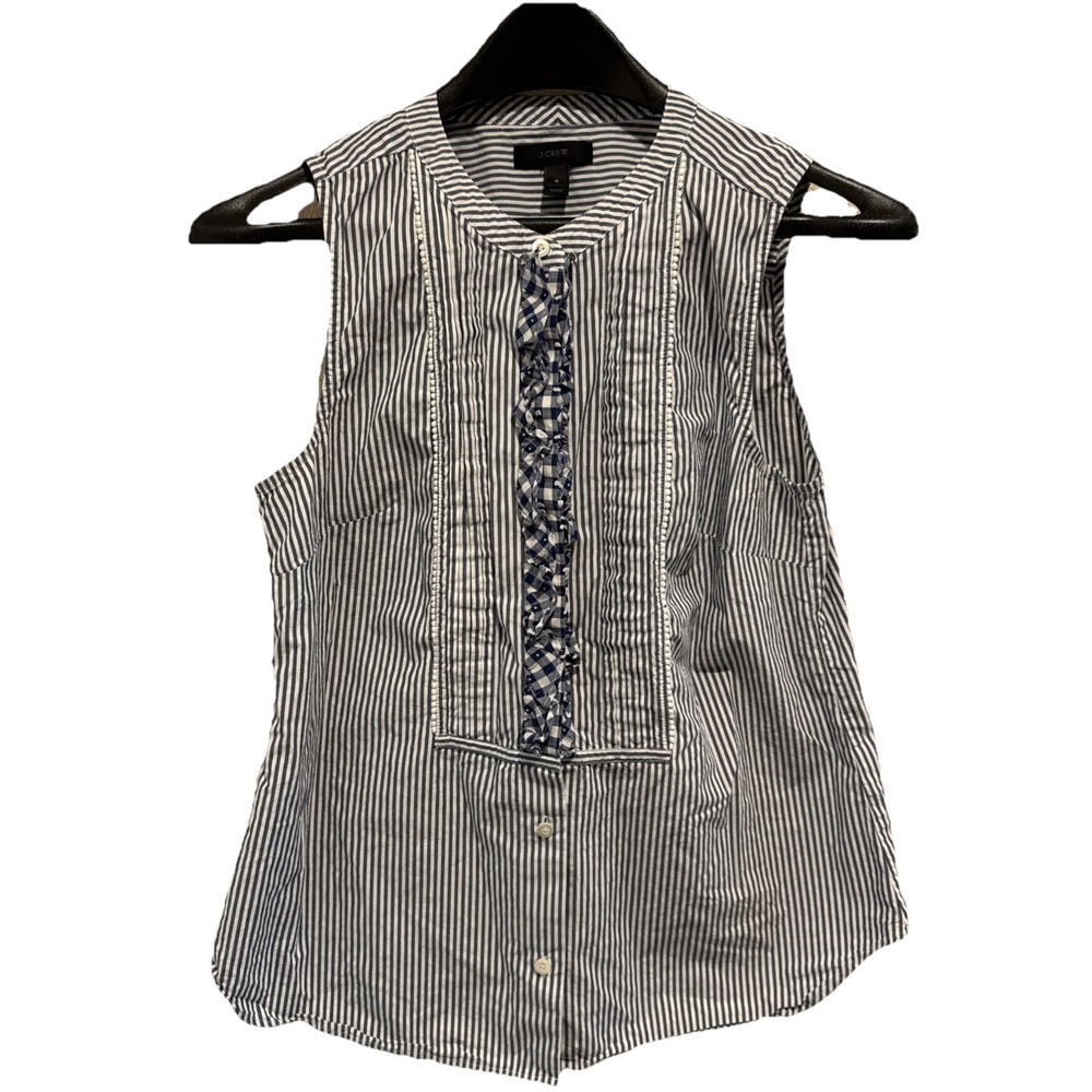 J Crew Ruffled Shirt Stripes Blue & White Sleeveless Top Size 4 Nautical‎ Beach